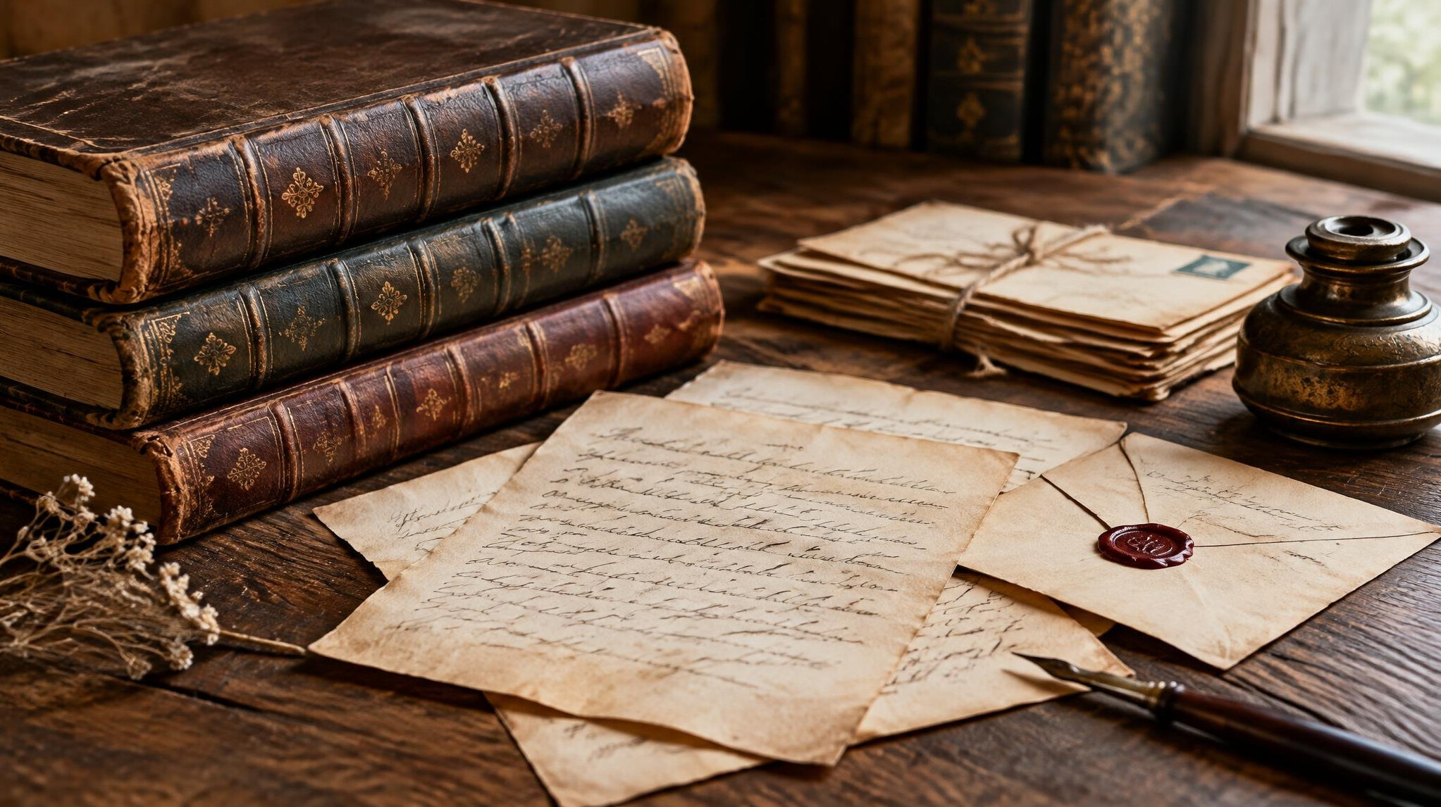 Antique books and old papers on a table