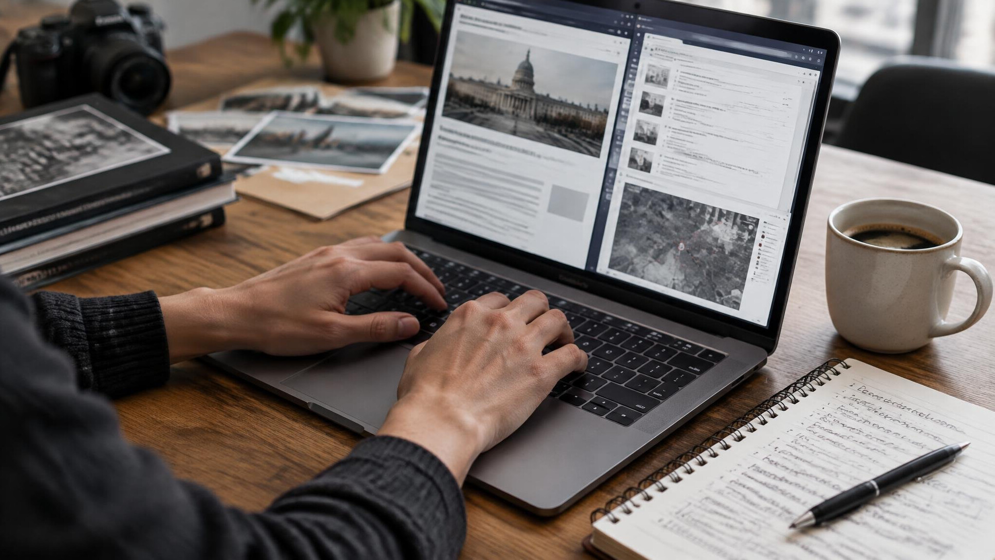 Hands typing on a laptop next to a notebook