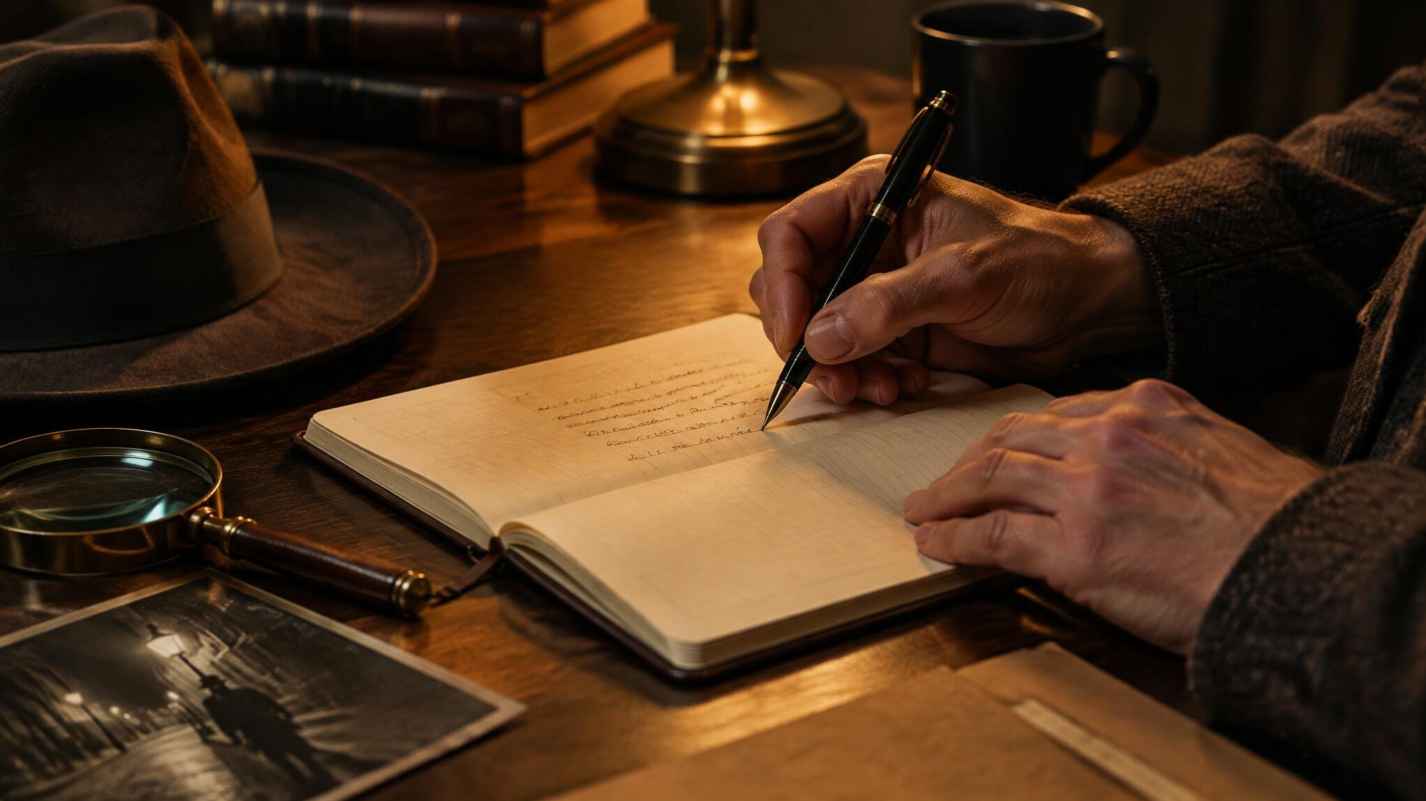 Person writing with a pen in a notebook at a desk